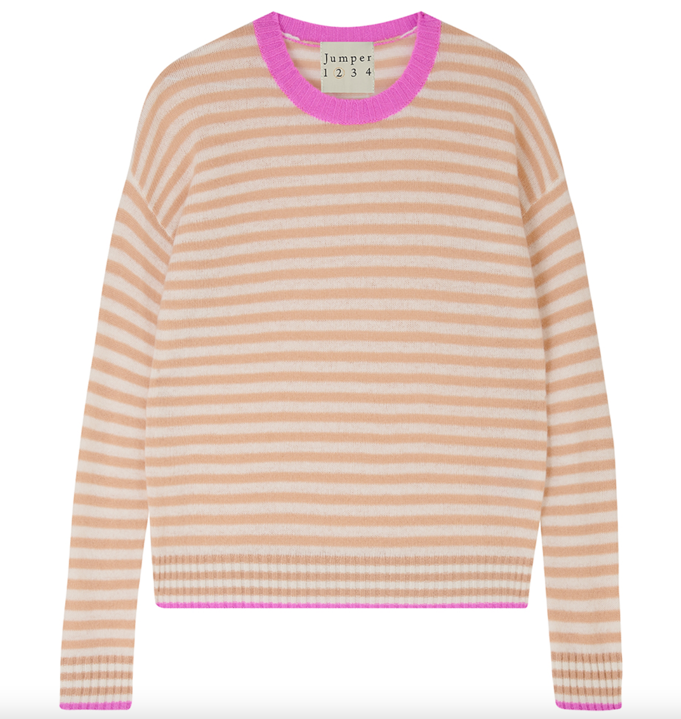 tipped stripe cashmere crew peony with nude & cream