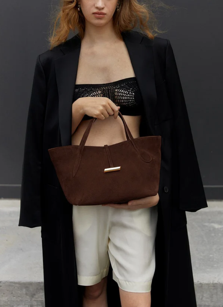 petite penne tote suede dark brown