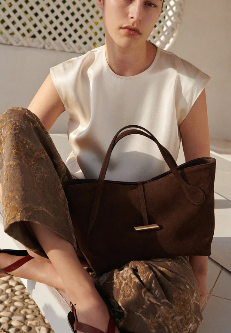 petite penne tote suede dark brown