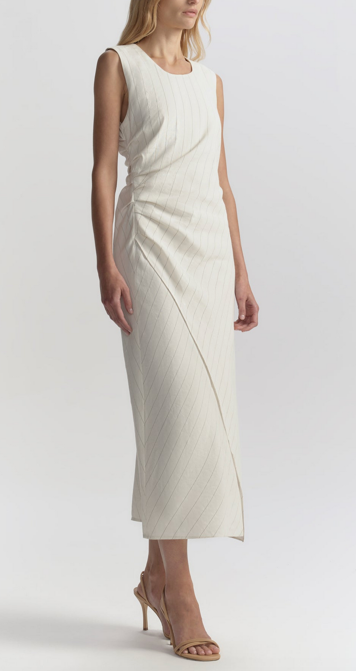 Caroline Linen Pinstripe Midi Dress Pearl/Brown