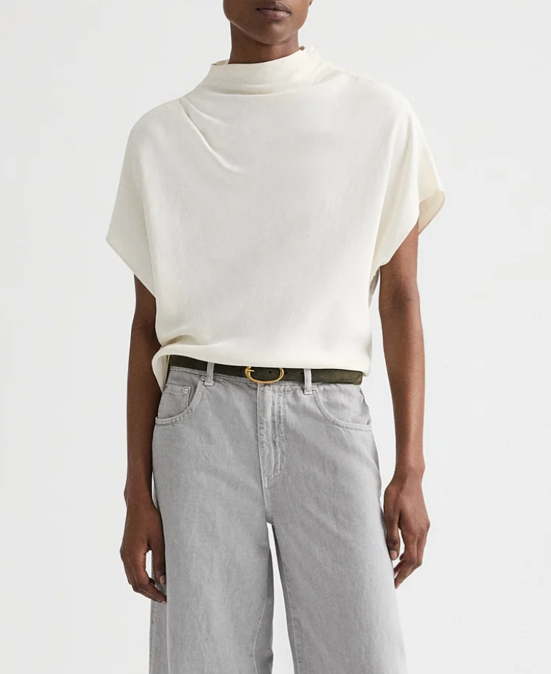 bone mock neck tee in coated viscose linen