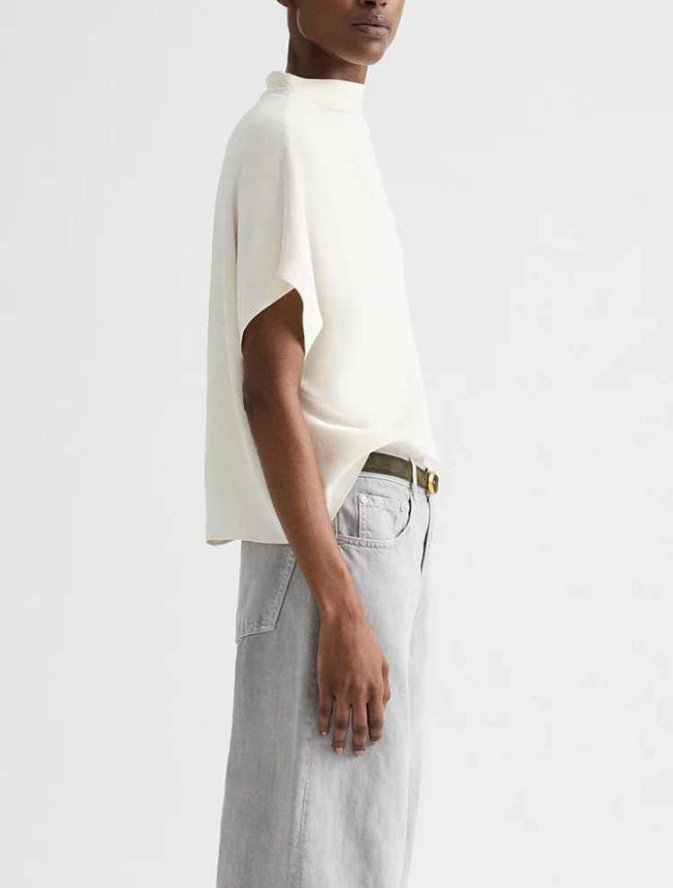 bone mock neck tee in coated viscose linen
