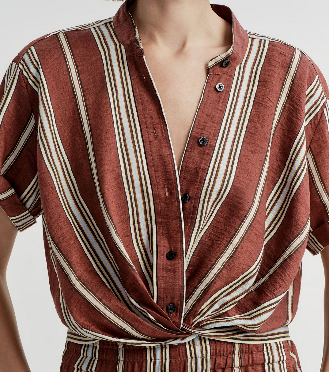 Leonore Short Sleeve Striped Linen Shirt Brunette Multi