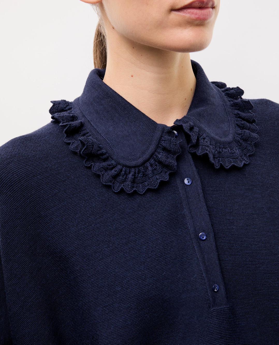 Fontaine wide knit top lace collar indigo