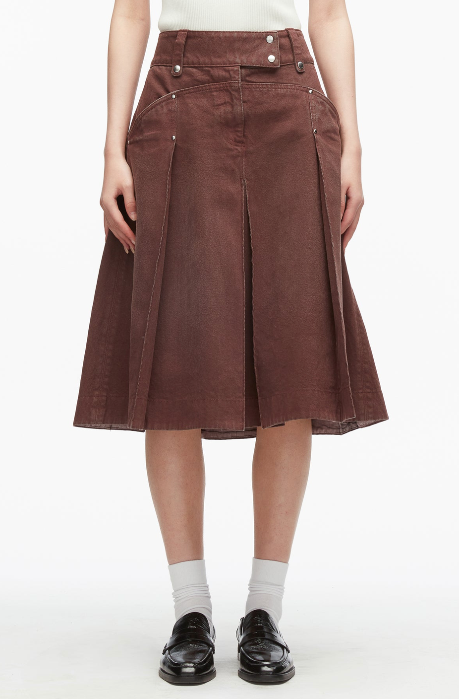 Pleated Denim Midi Skirt Espresso