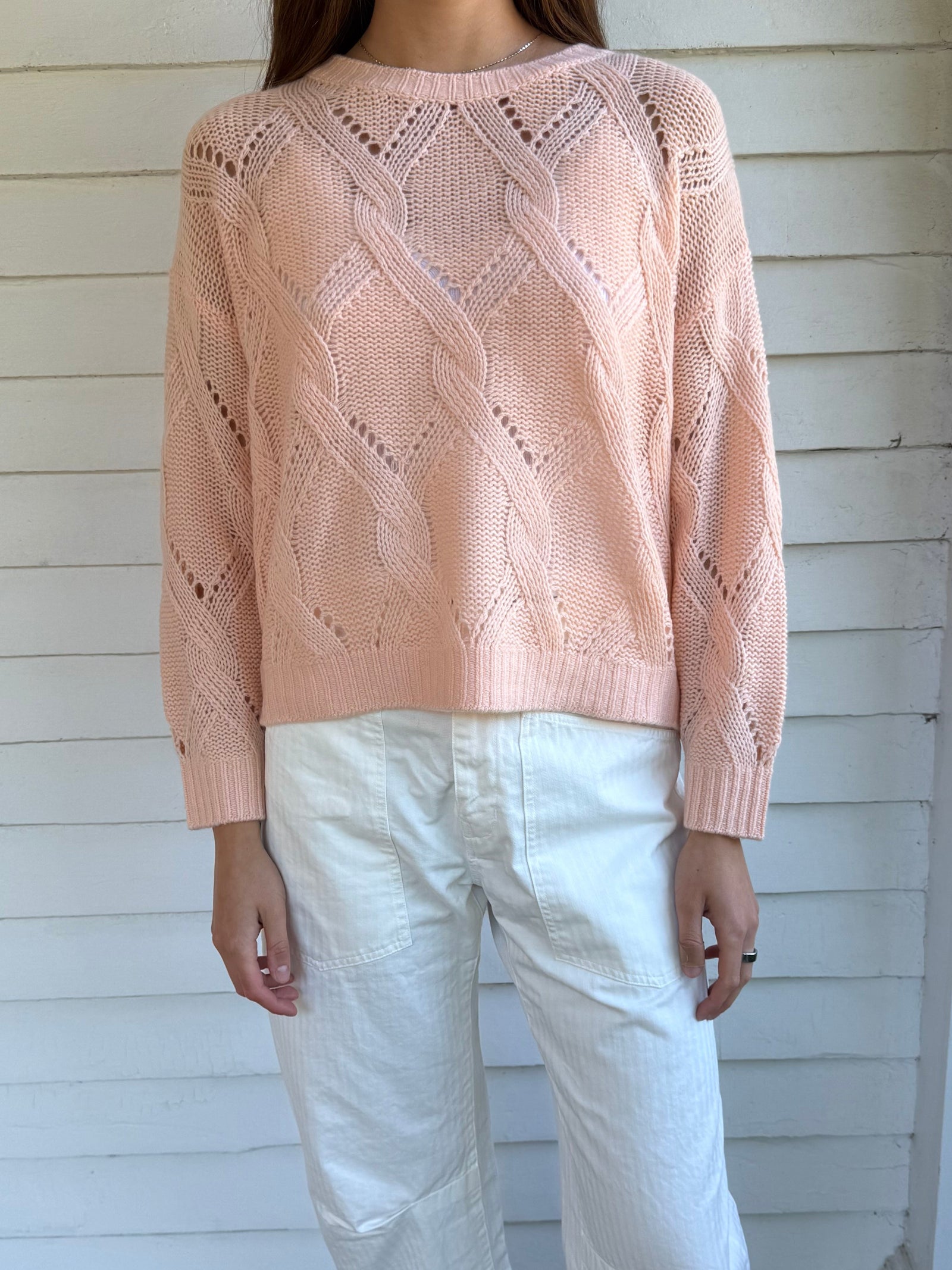 Gia Slouchy Cable Knit Cashmere Crewneck Sweater Sherbert
