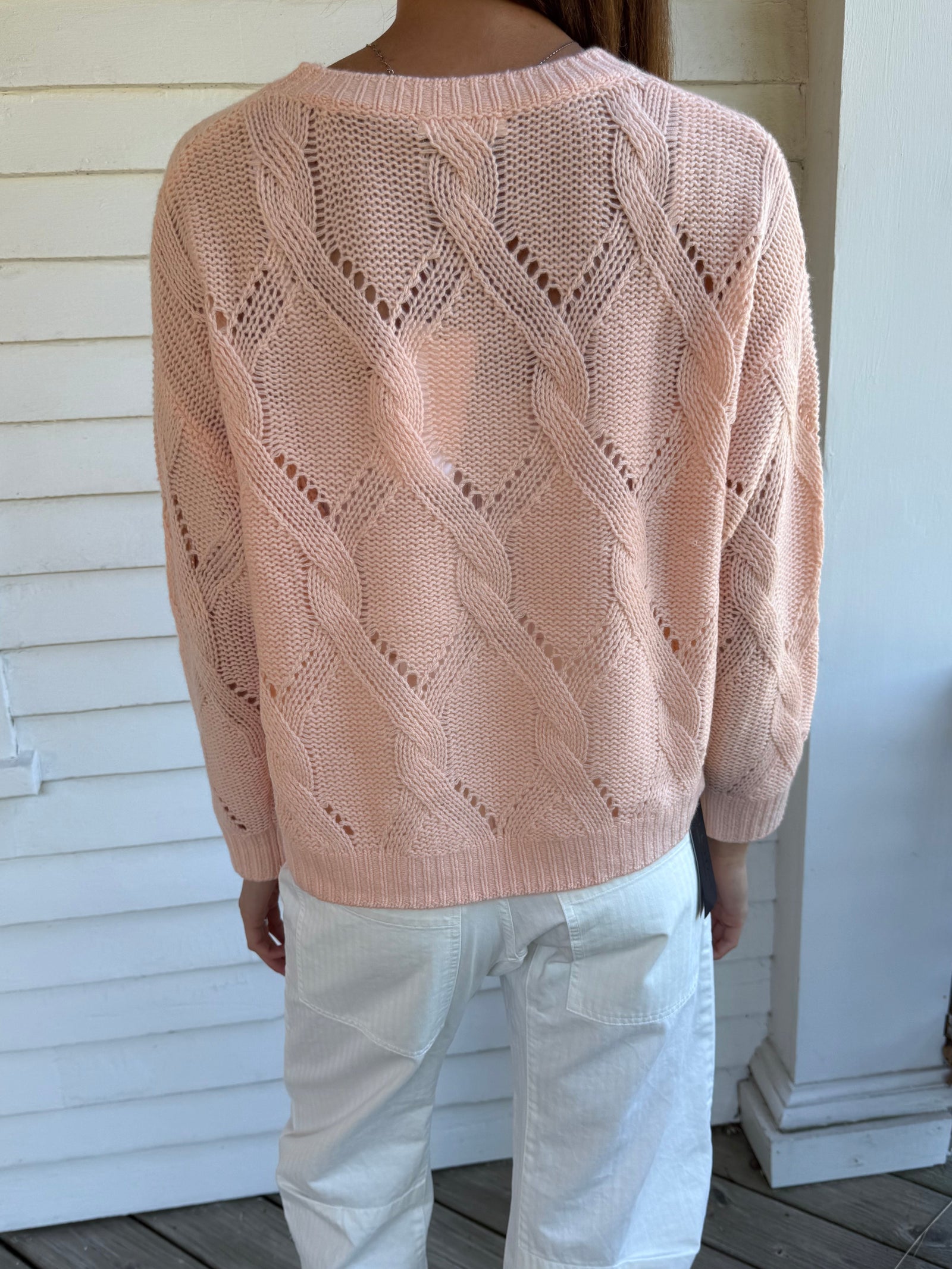 Gia Slouchy Cable Knit Cashmere Crewneck Sweater Sherbert