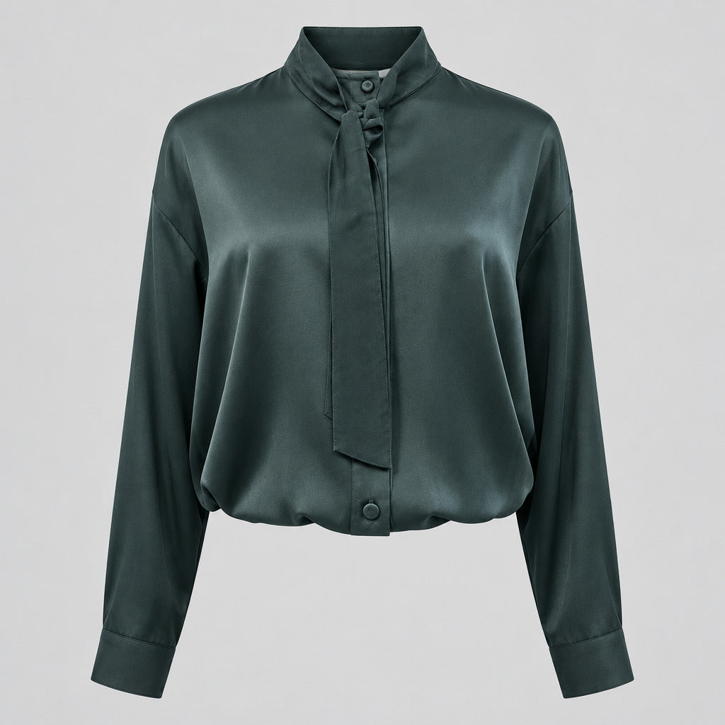 heavy stretch silk satin bow tie shirt jade