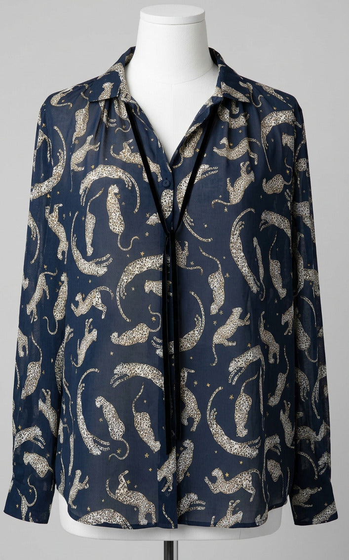 "royal leopard" print cotton voile bohemian long sleeve shirt