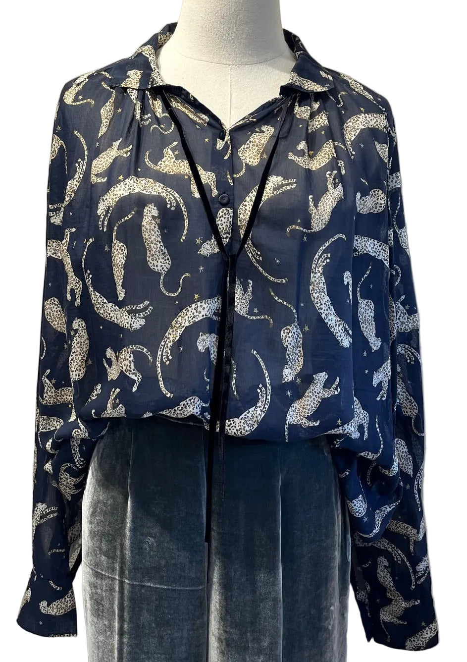 "royal leopard" print cotton voile bohemian long sleeve shirt