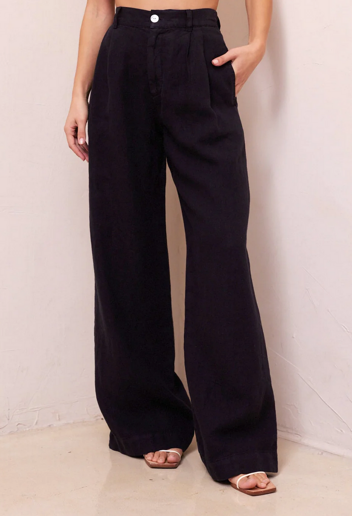 pleated wide leg linen trouser black