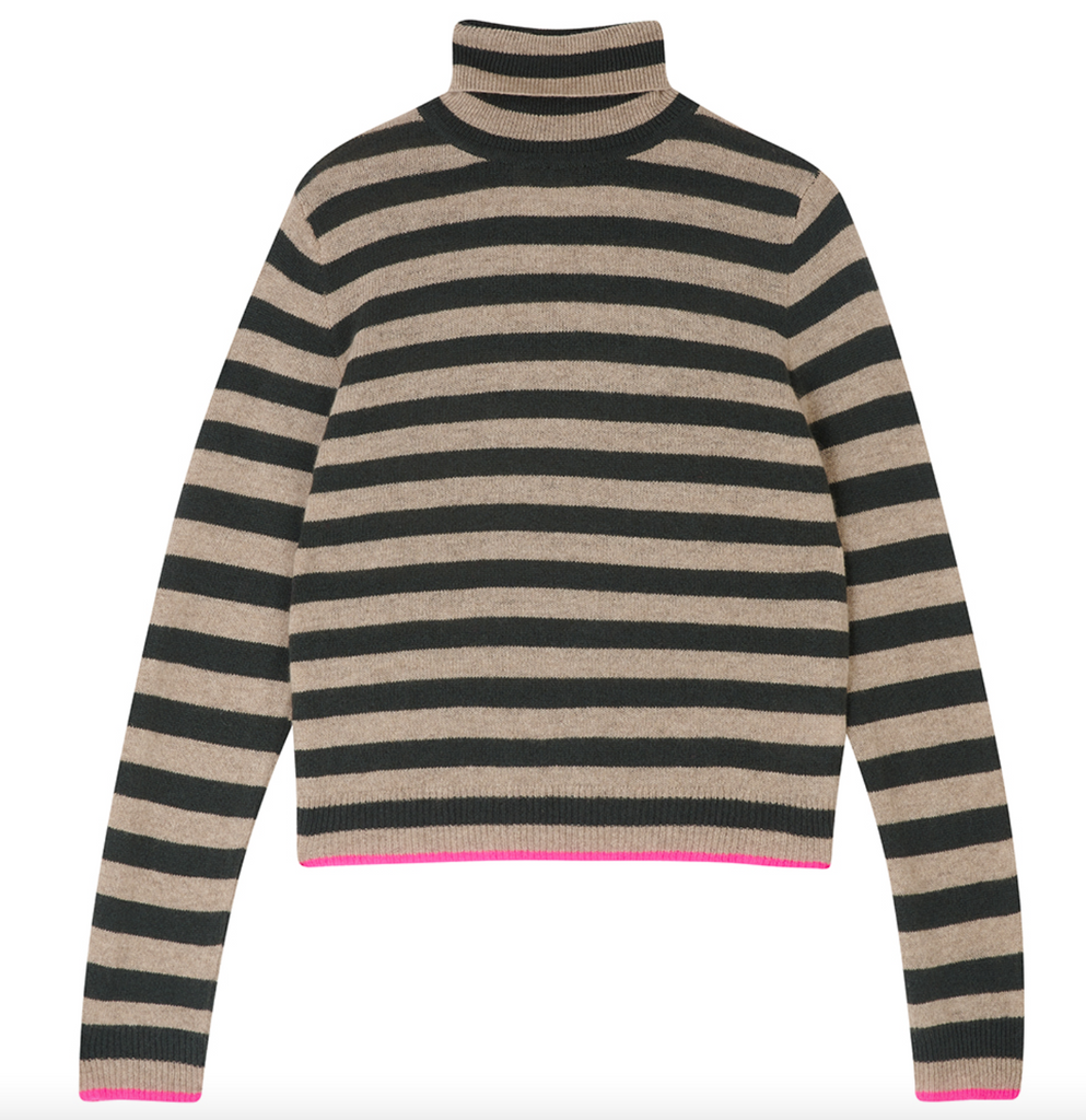 little stripe cashmere roll neck in khaki and light brown with neon pink