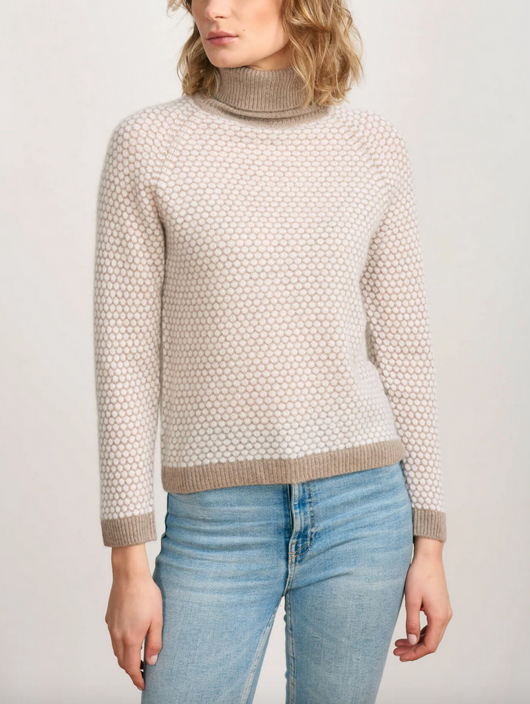 honeycomb cashmere roll neck in organic light brown and cream