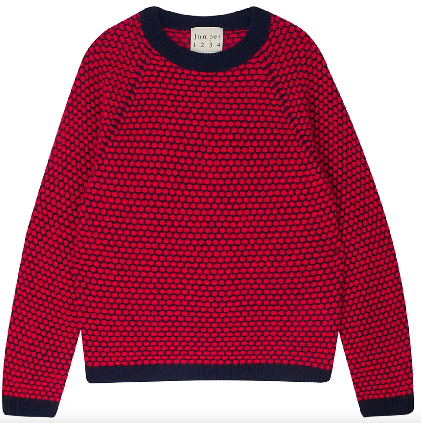 honeycomb cashmere crew in navy and red