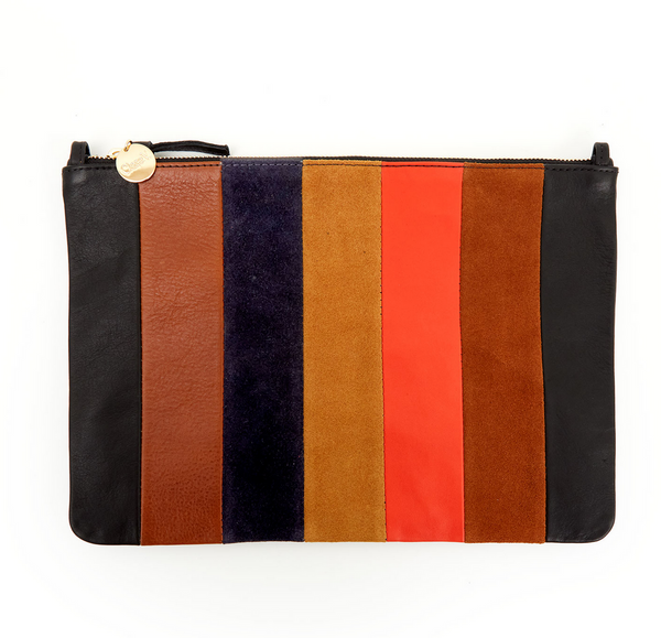 flat clutch w/ tabs suede nappa rustic patchwork with acrylic link strap