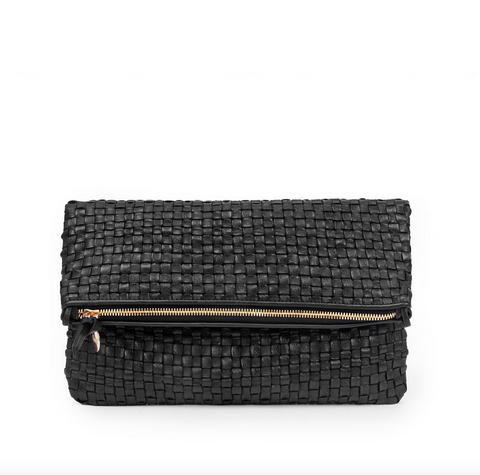 foldover clutch black woven leather short strap resin