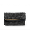 foldover clutch black woven leather short strap resin