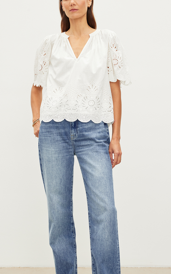 razi embroidered cotton lace top ecru