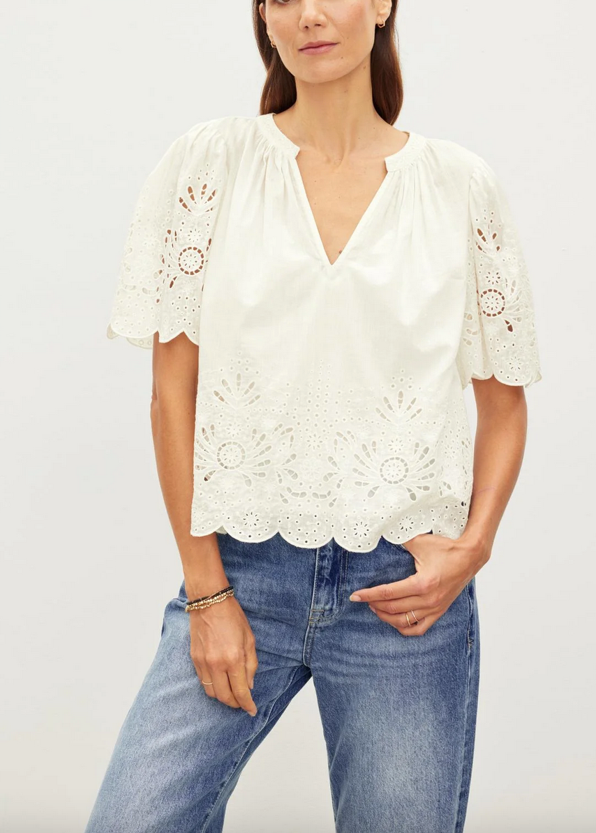 razi embroidered cotton lace top ecru