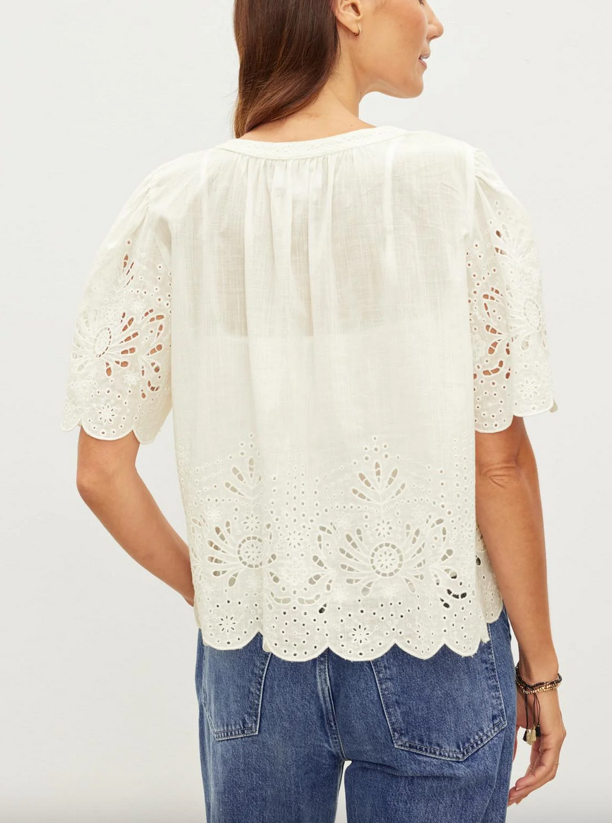 razi embroidered cotton lace top ecru