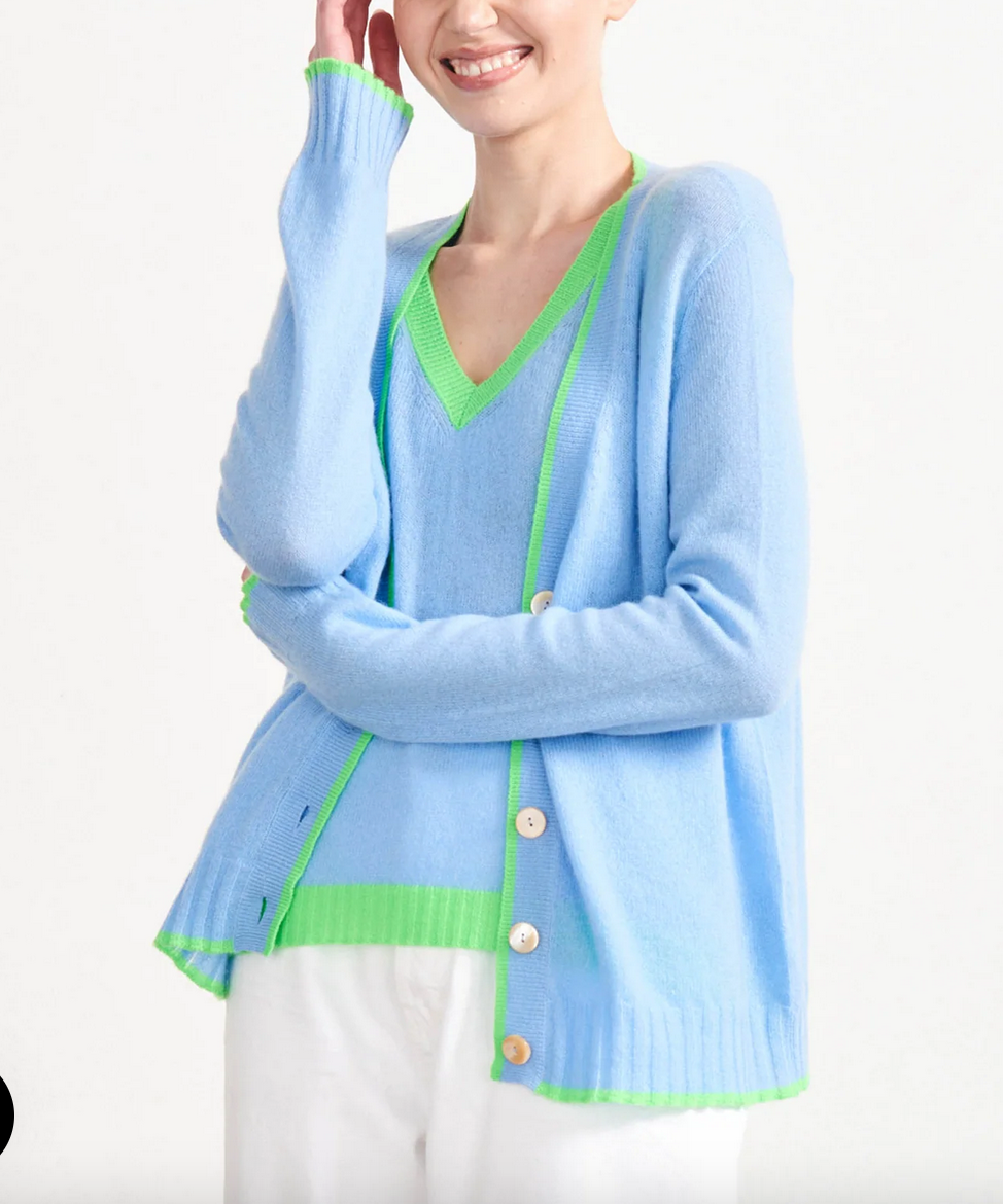 contrast tip cashmere cardigan wedgewood and neon green