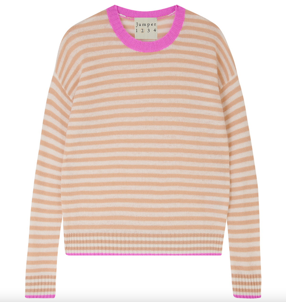 tipped stripe cashmere crew peony with nude &amp; cream