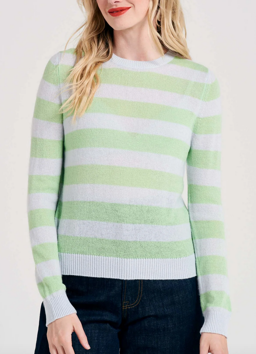 stripe cashmere crew in cement and lime