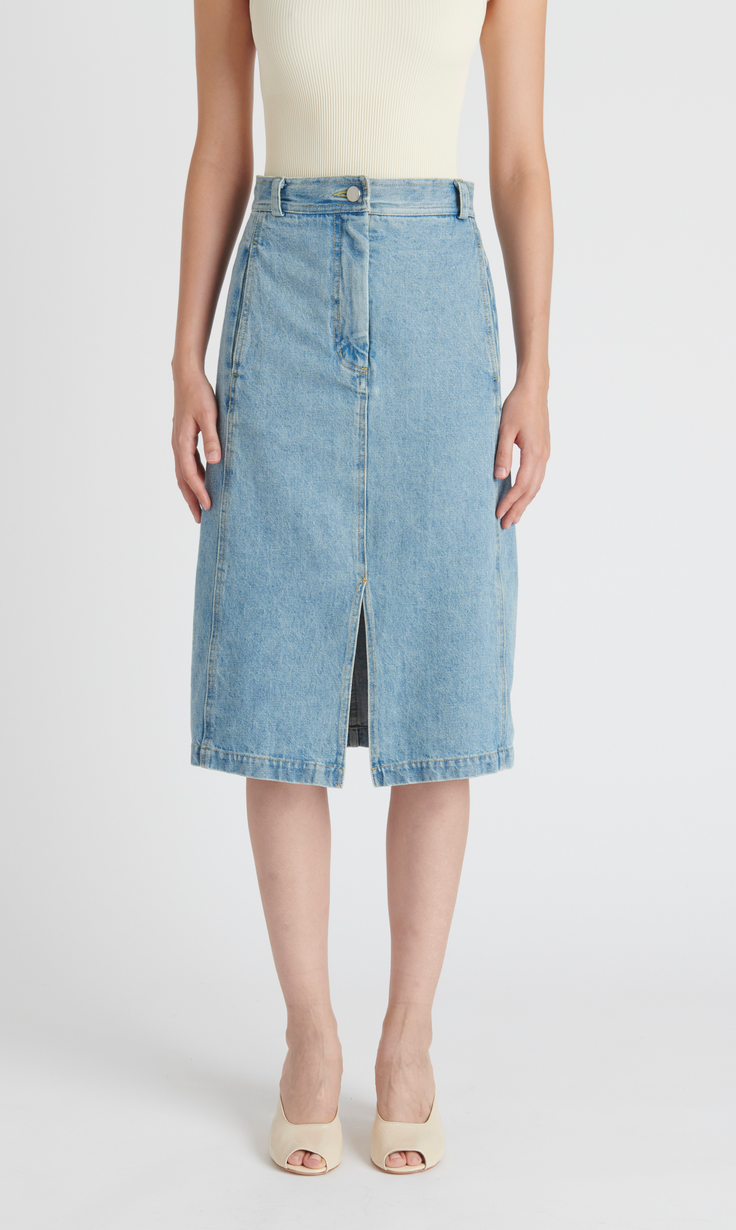 Raya skirt in Celeste washed mission denim