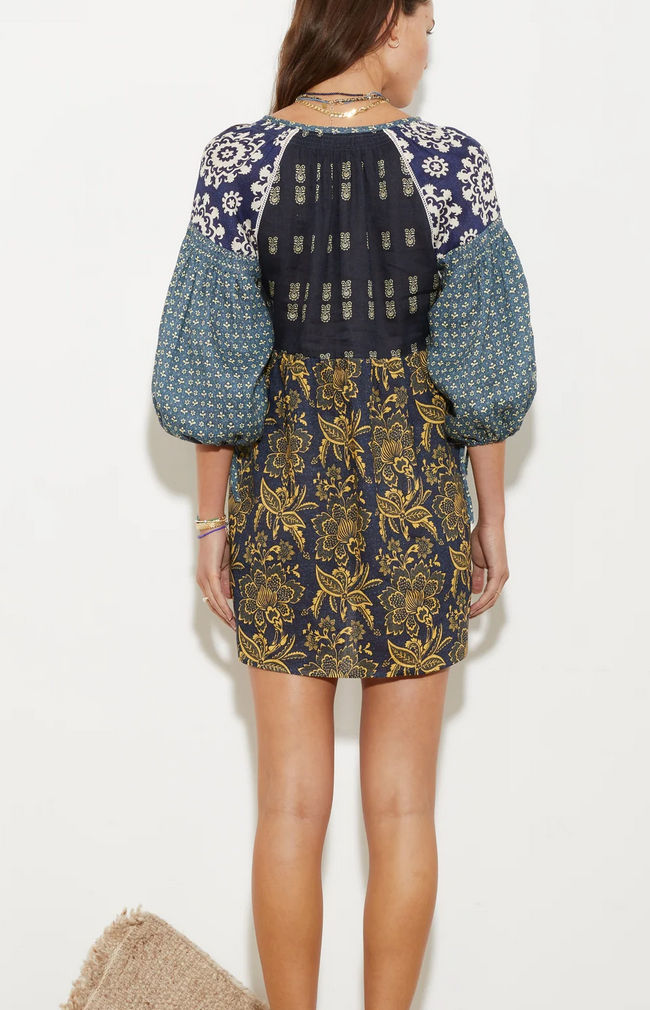 Florimonde mini smock dress in indigo patchwork