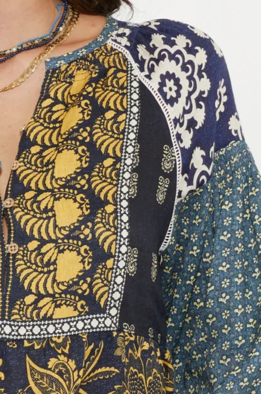 Florimonde mini smock dress in indigo patchwork