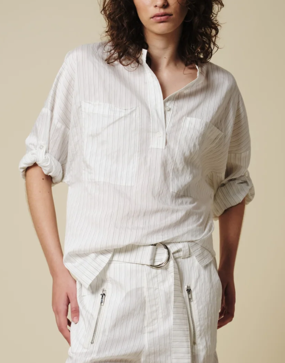 marina long sleeve blouse off white pinstripe