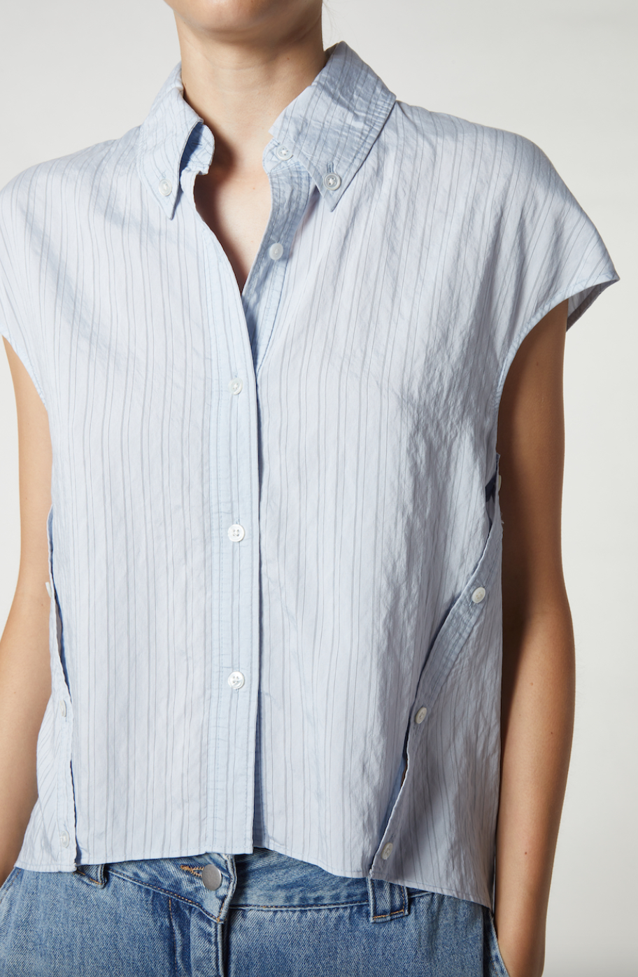 Perth cap sleeve button blouse in pale blue pinstripe