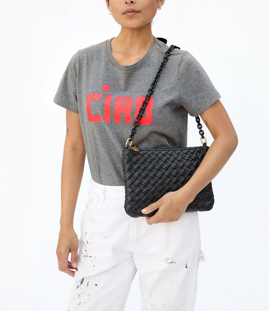 flat clutch with tabs black puffy woven