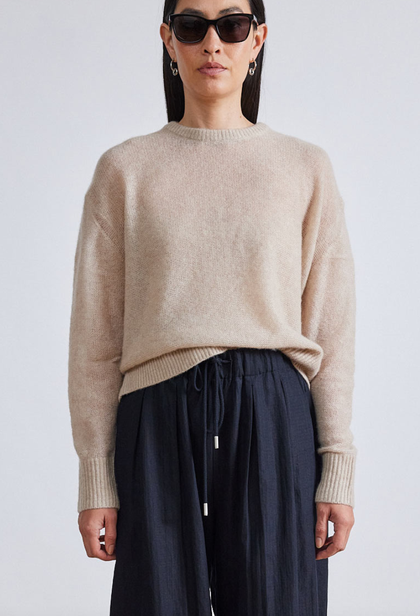 softest tissue weight sweater in sand