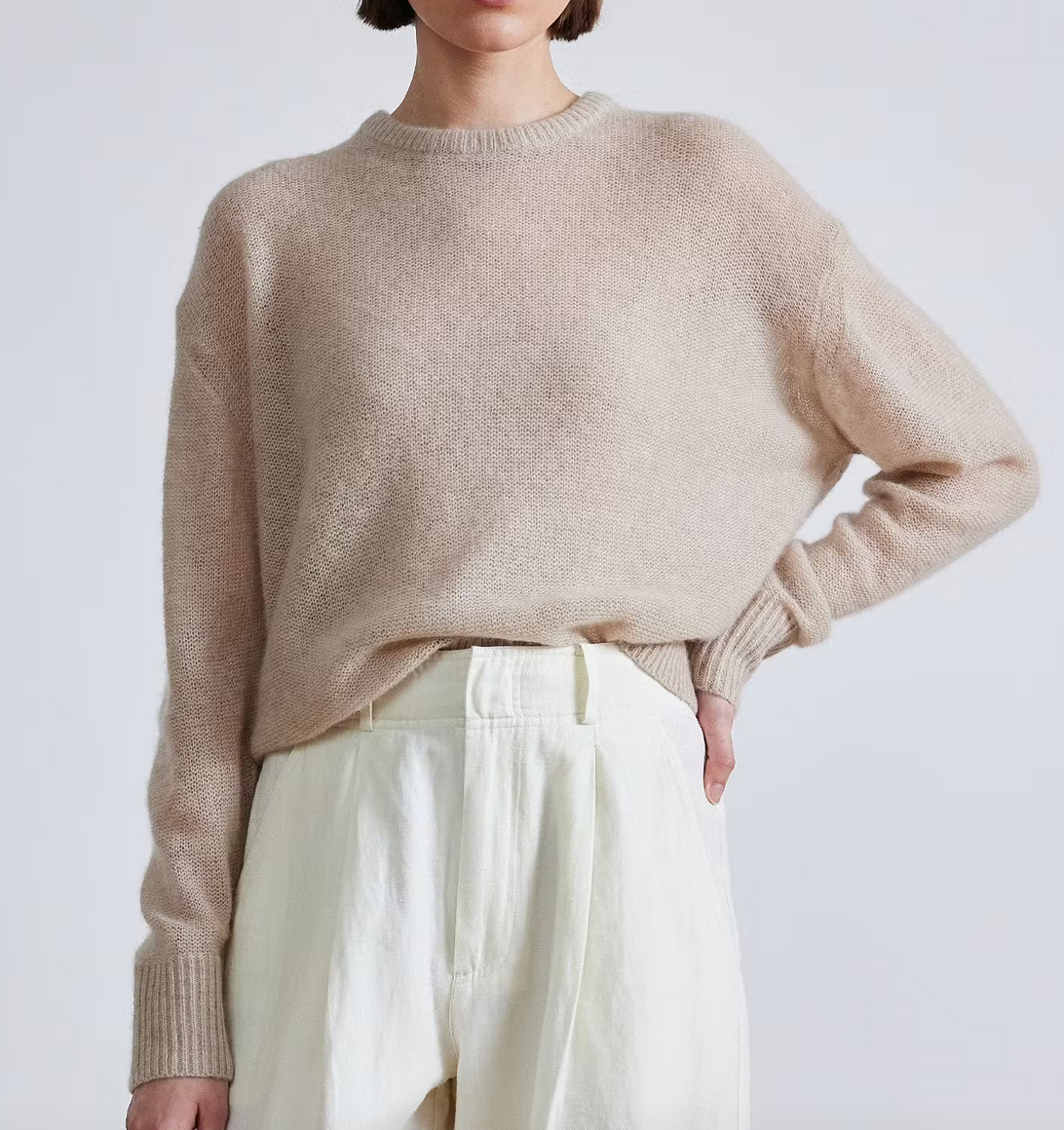softest tissue weight sweater in sand