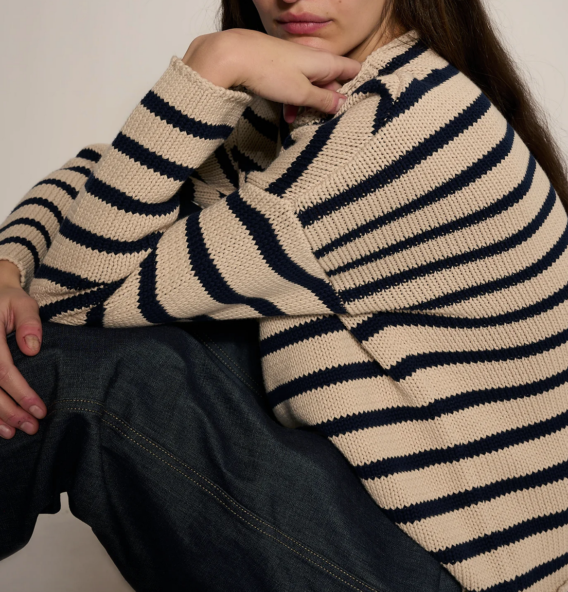 Lamis stripe cotton sweater natural with navy