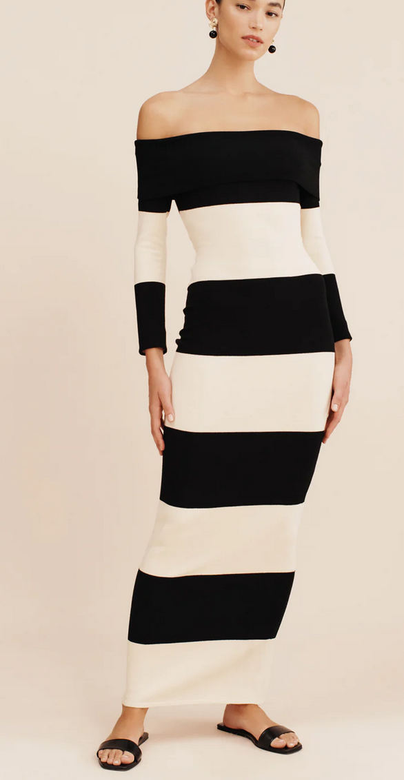 black and white striped off the shoulder dress Theo off the shoulder dress black stripe black and white striped off the shoulder dress Theo off the shoulder dress black stripe