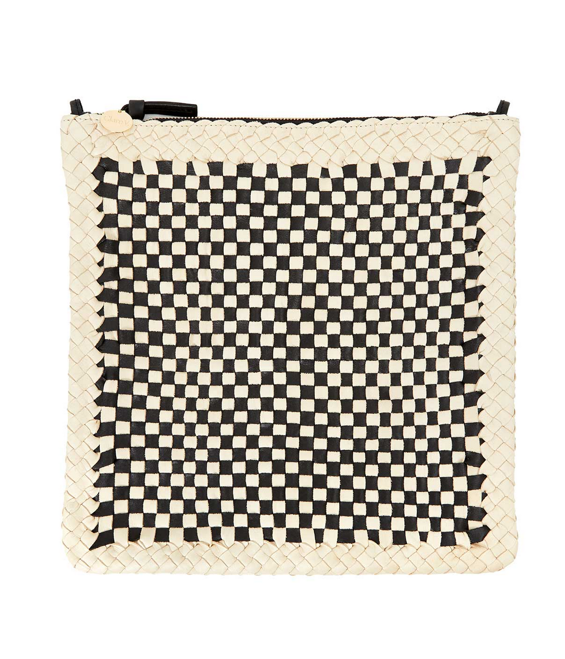 Foldover clutch with tabs black and cream woven checker with black frayed ribbon chain