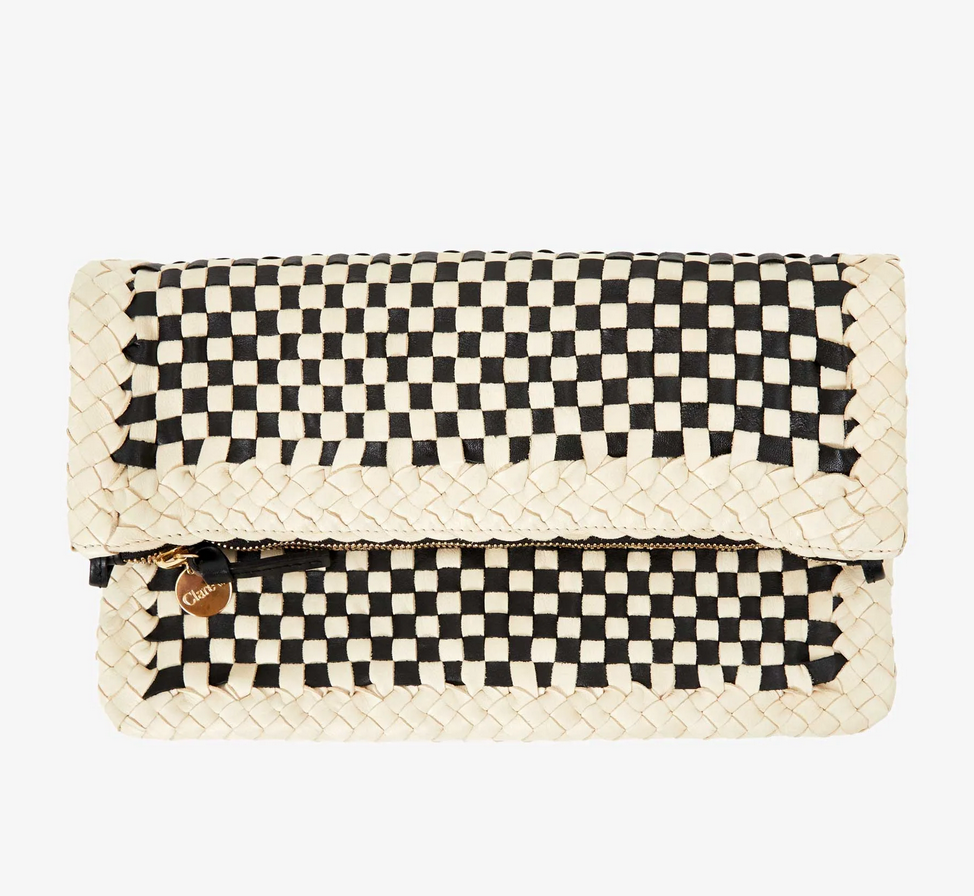 Foldover clutch with tabs black and cream woven checker with black frayed ribbon chain