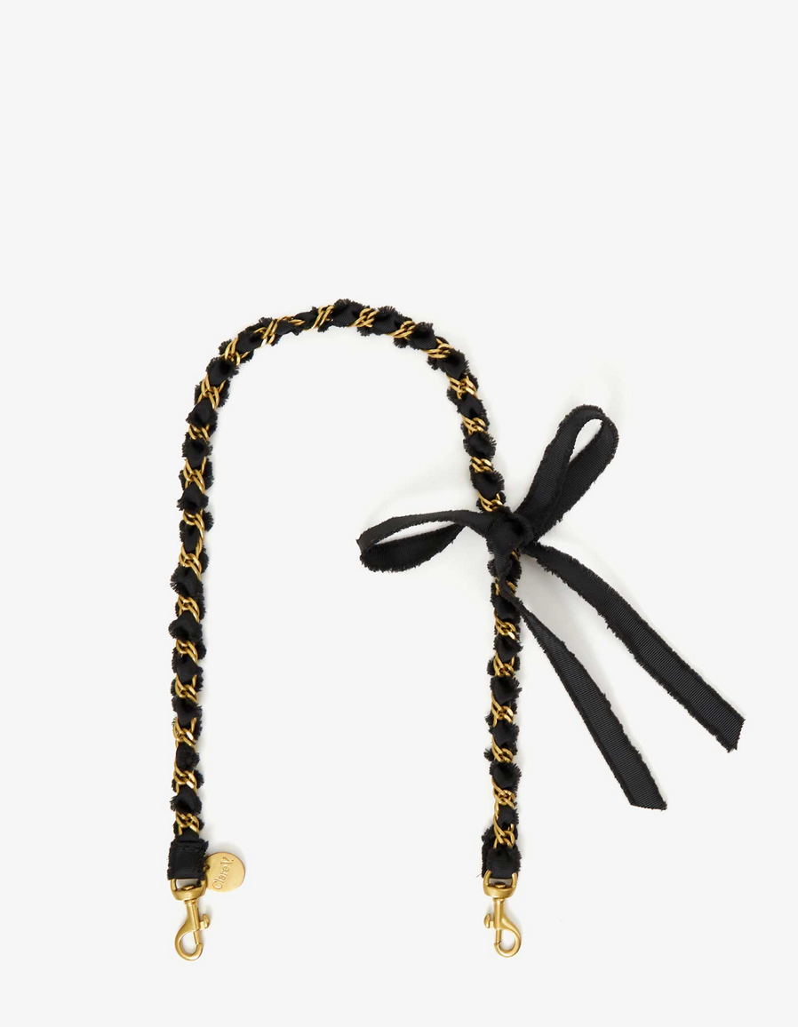 Foldover clutch with tabs black and cream woven checker with black frayed ribbon chain