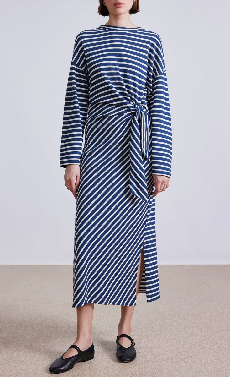 Long sleeve vanina cinch waist dress navy &amp; cream stripe