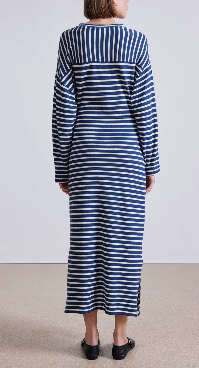 Long sleeve vanina cinch waist dress navy & cream stripe