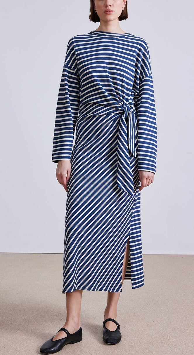 Long sleeve vanina cinch waist dress navy & cream stripe