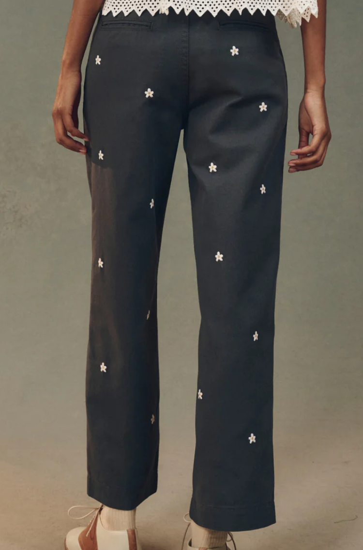 the garage pant with daisy embroidery blue slate