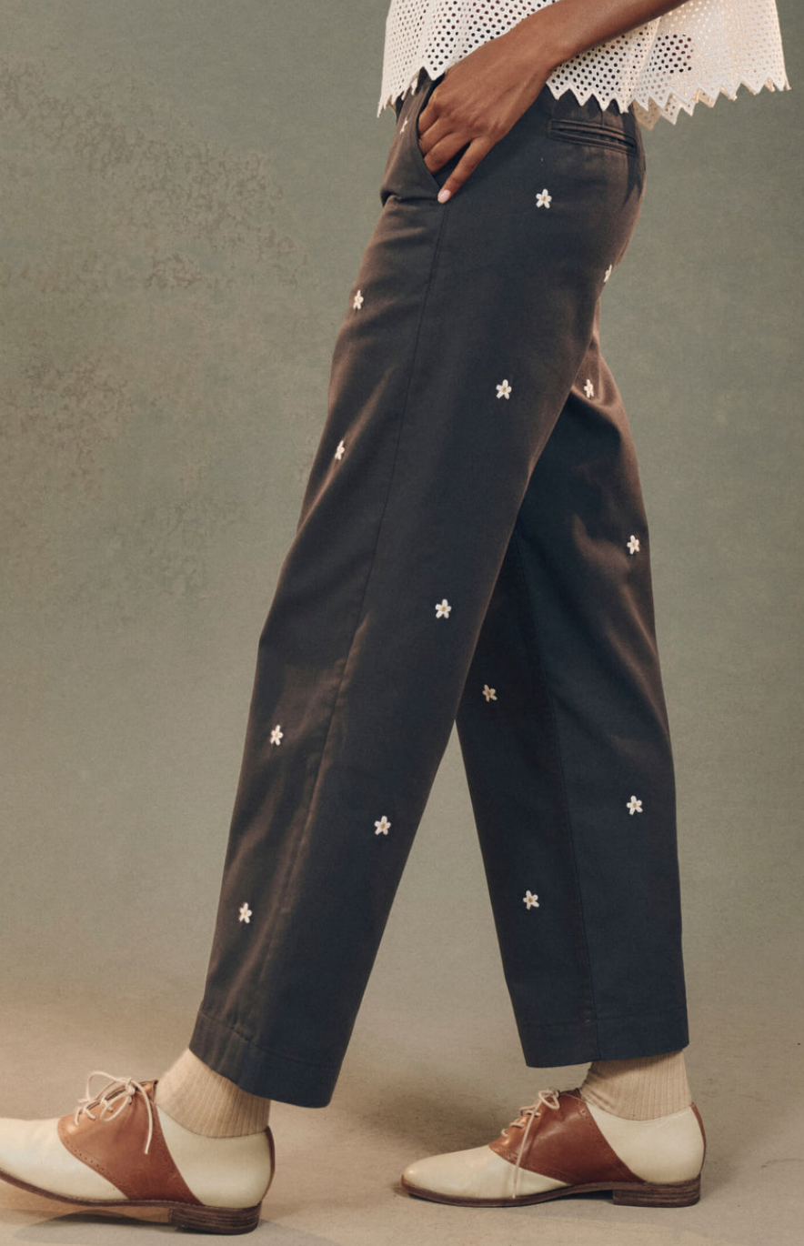 the garage pant with daisy embroidery blue slate