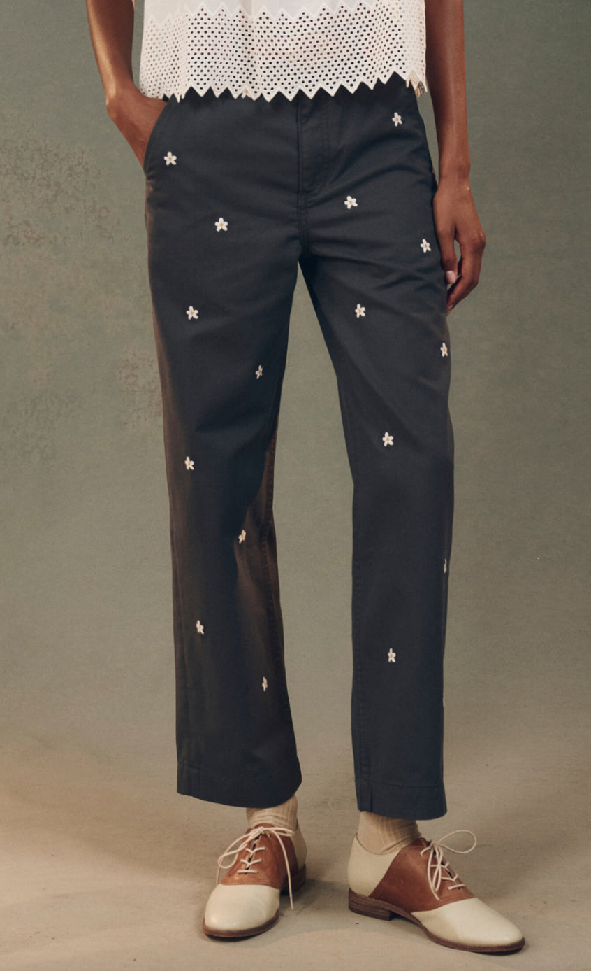 the garage pant with daisy embroidery blue slate