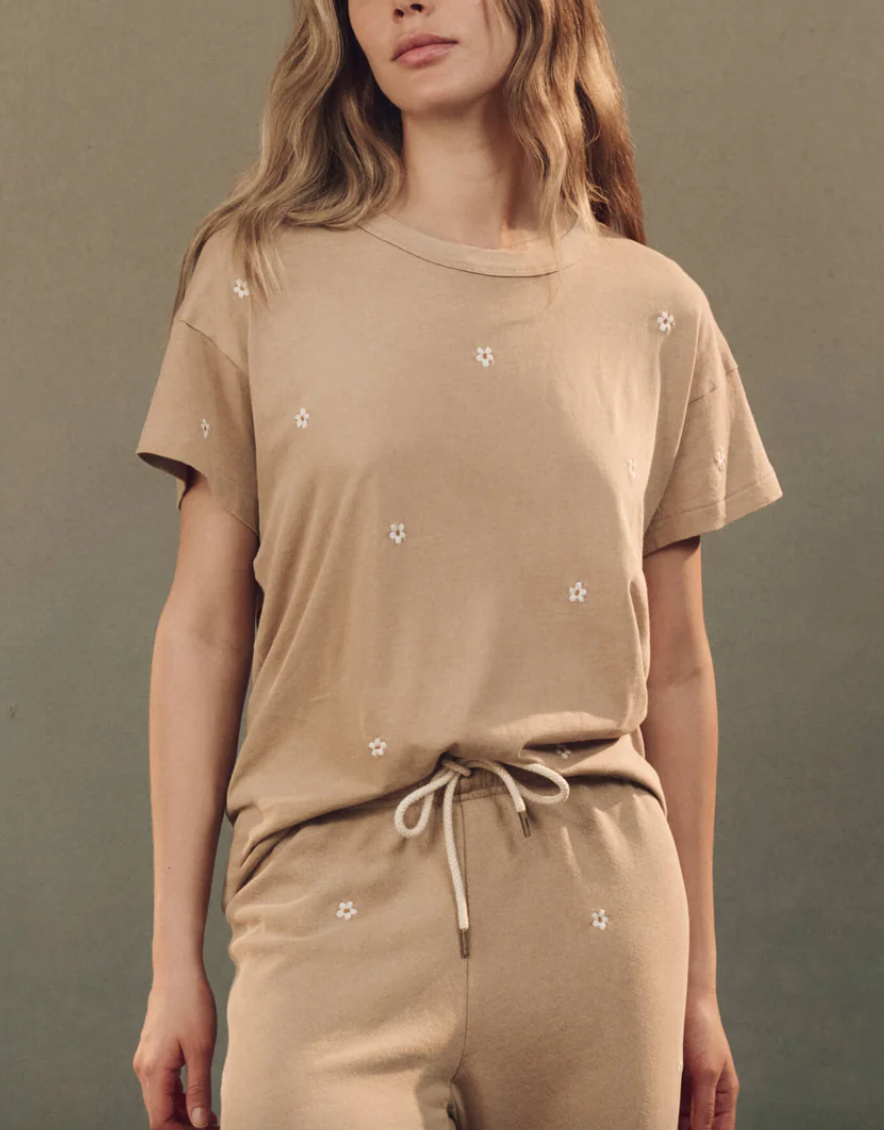 the boxy crew khaki with daisy embroidery