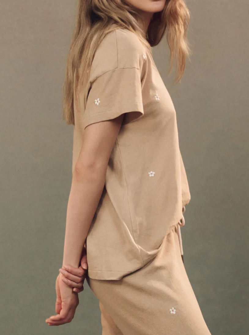 the boxy crew khaki with daisy embroidery