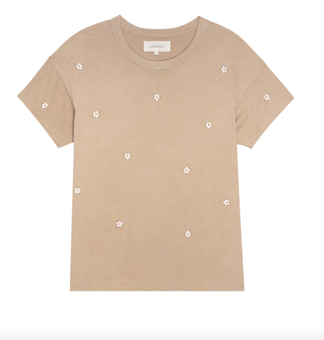 the boxy crew khaki with daisy embroidery
