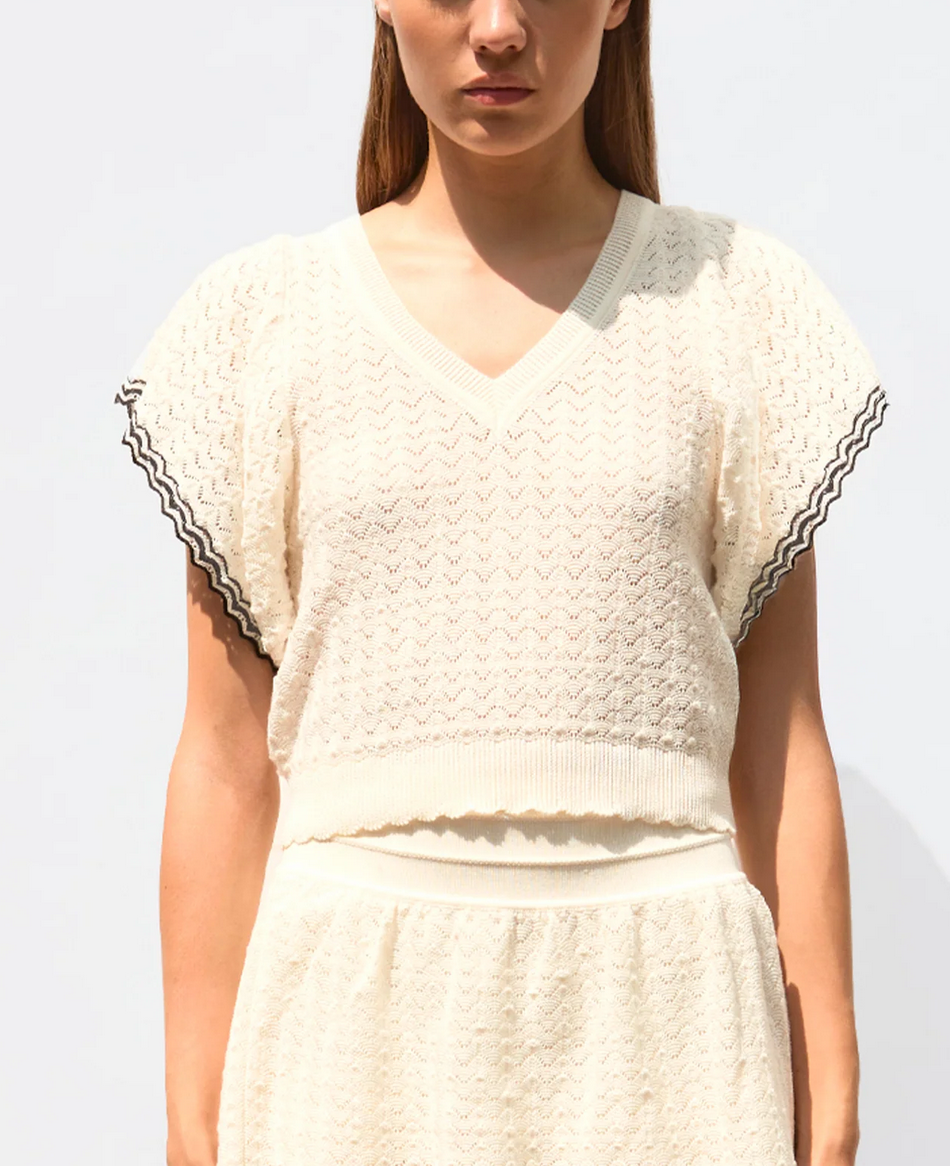chambord v-neck top in a pointelle knit natural deep black